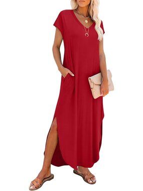 Women's Red Maxi Dress Casual Summer V Neck Beach Sundress With Pockets